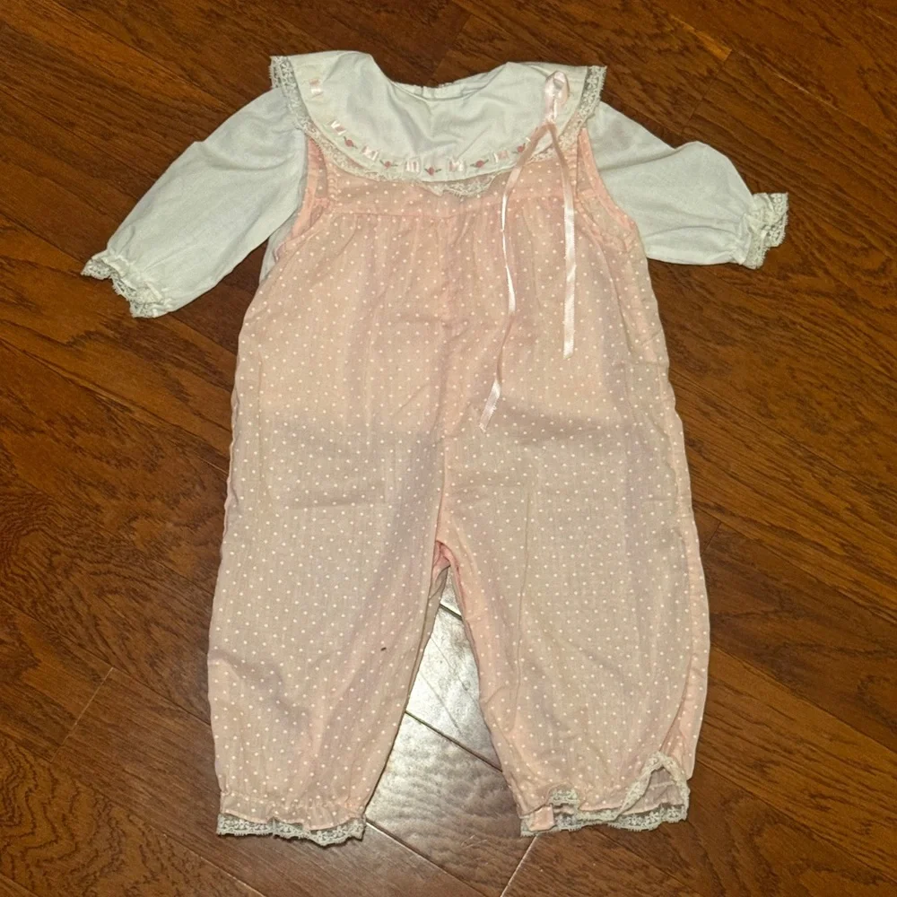 Vintage 1980s Nanette Baby Girl Pink Polka Dot Romper Size Up to 6 Months